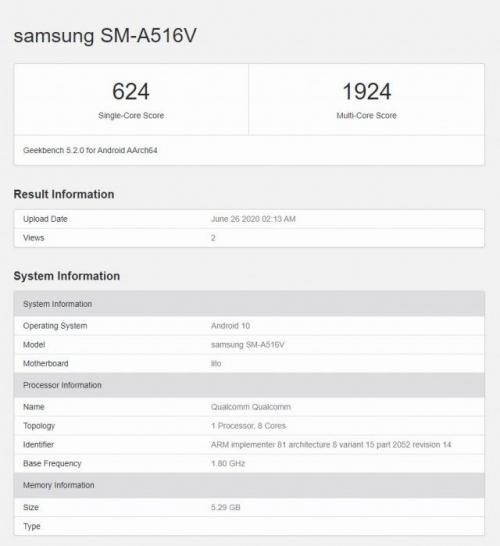 Samsung Galaxy A51s 5G обнаружили в бенчмарке Geekbench